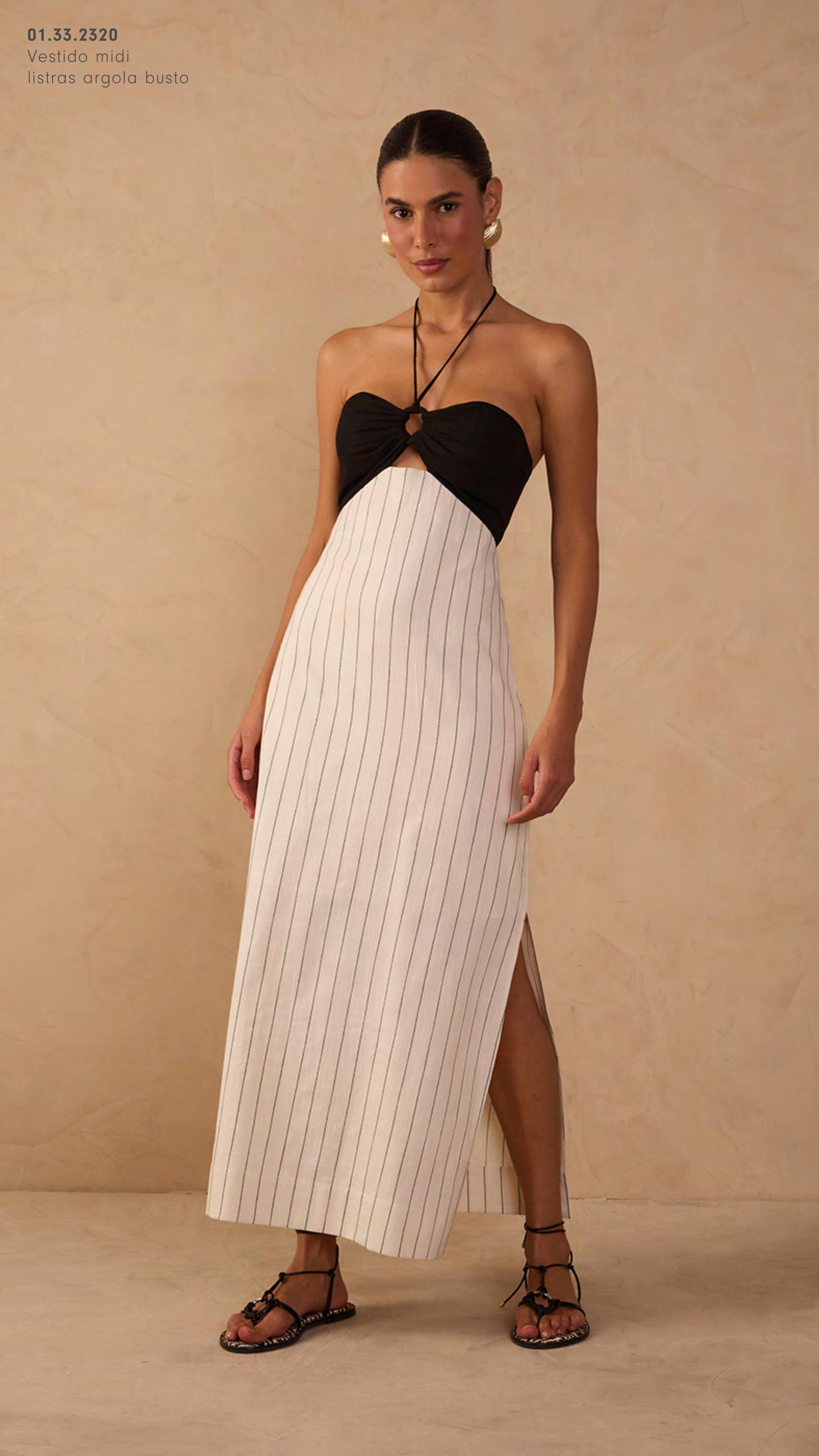 Vestido Midi Listras Preto/Offwhite